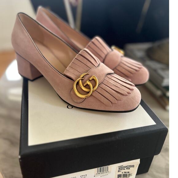 Gucci Double GG Marmont Blush Pink Suede Fringe Loafer Pump - Picture 1 of 15
